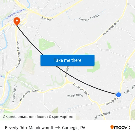Beverly Rd + Meadowcroft to Carnegie, PA map