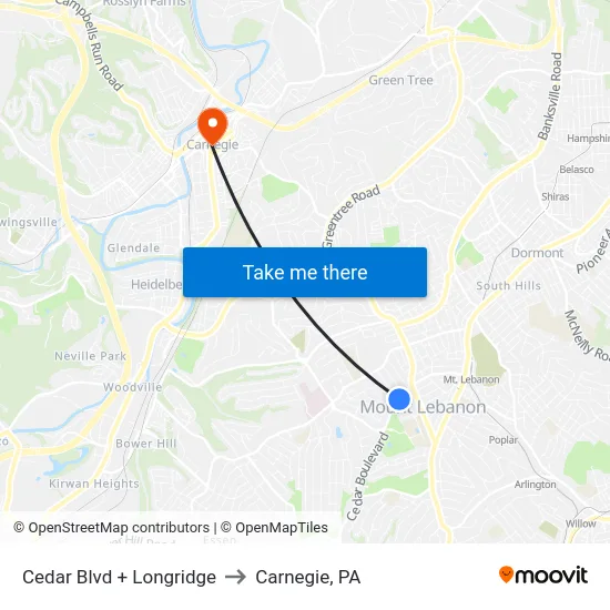 Cedar Blvd + Longridge to Carnegie, PA map