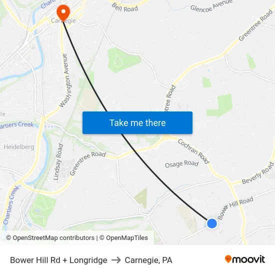 Bower Hill Rd + Longridge to Carnegie, PA map