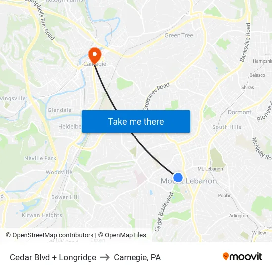 Cedar Blvd + Longridge to Carnegie, PA map