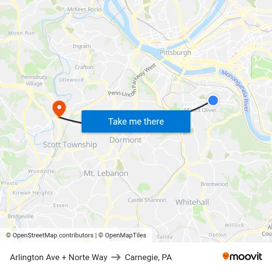 Arlington Ave + Norte Way to Carnegie, PA map