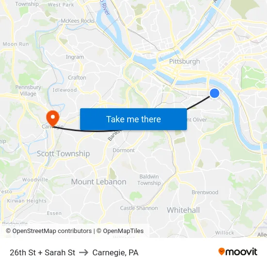 26th St + Sarah St to Carnegie, PA map