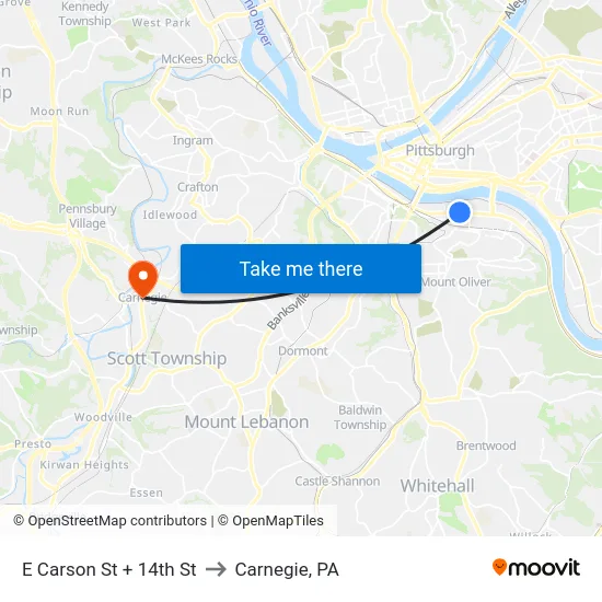 E Carson St + 14th St to Carnegie, PA map