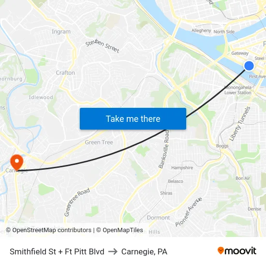 Smithfield St + Ft Pitt Blvd to Carnegie, PA map