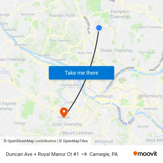 Duncan Ave + Royal Manor Ct #1 to Carnegie, PA map