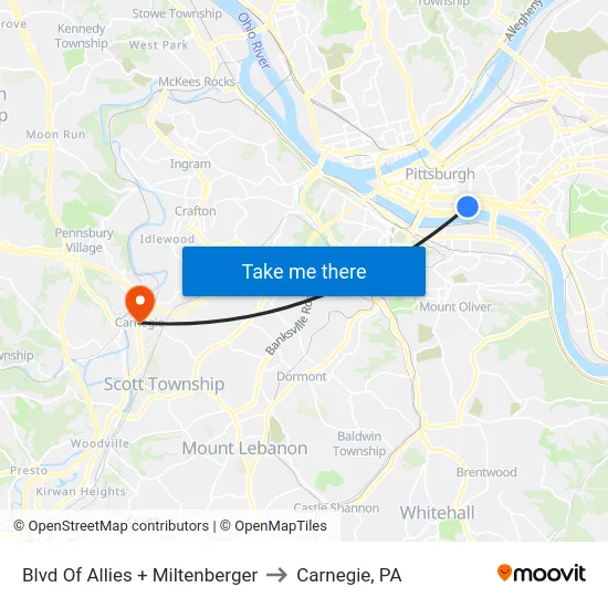 Blvd Of Allies + Miltenberger to Carnegie, PA map