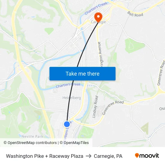Washington Pike + Raceway Plaza to Carnegie, PA map