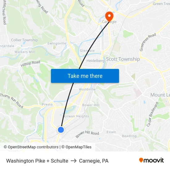 Washington Pike + Schulte to Carnegie, PA map