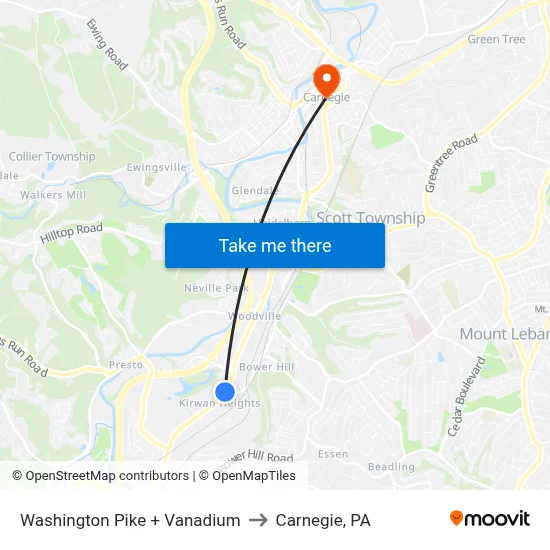 Washington Pike + Vanadium to Carnegie, PA map