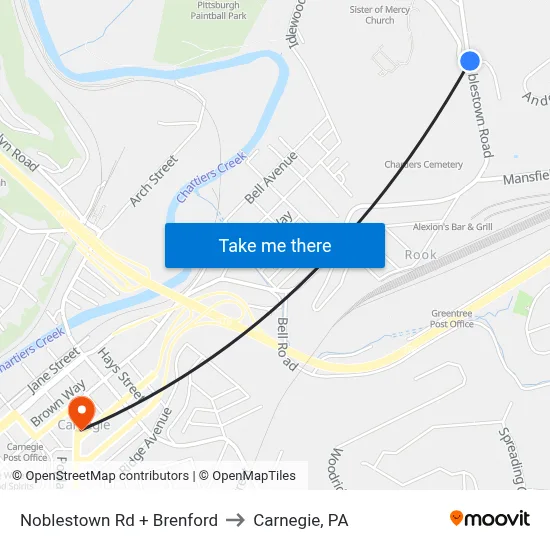 Noblestown Rd + Brenford to Carnegie, PA map