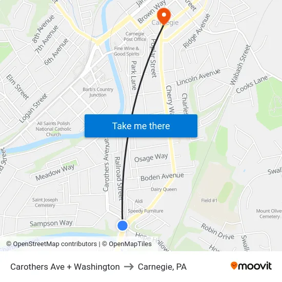 Carothers Ave + Washington to Carnegie, PA map