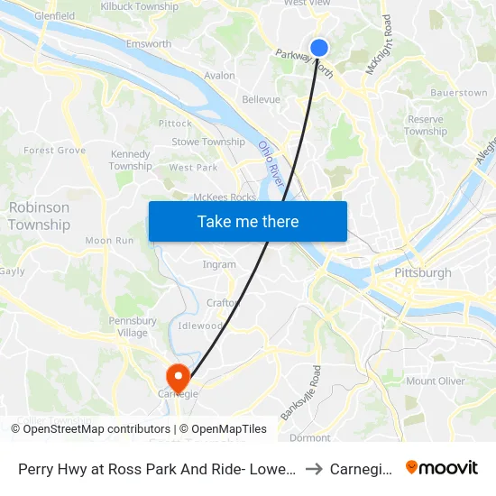Perry Hwy at Ross Park And Ride- Lower Lot Shelter to Carnegie, PA map