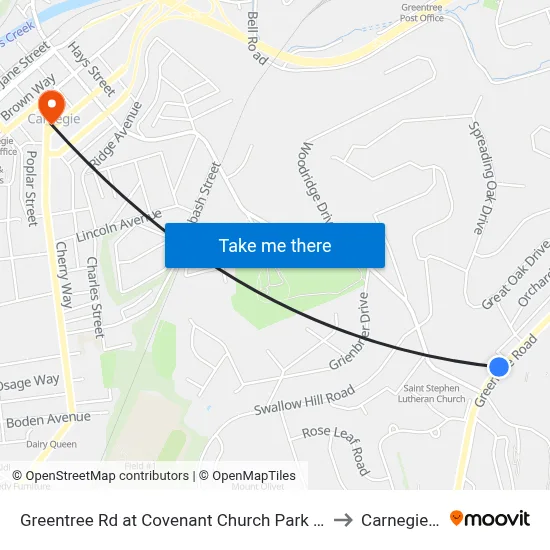 Greentree Rd at Covenant Church Park And Ride to Carnegie, PA map