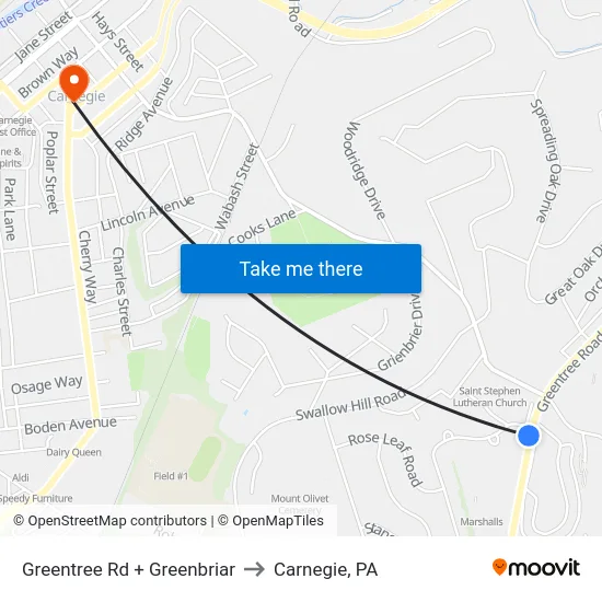 Greentree Rd + Greenbriar to Carnegie, PA map