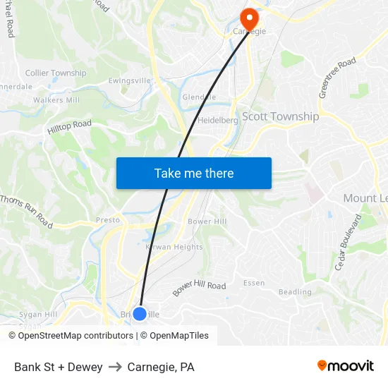 Bank St + Dewey to Carnegie, PA map