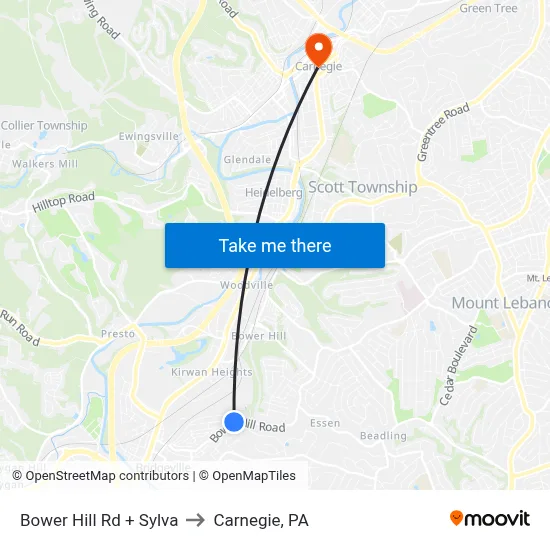 Bower Hill Rd + Sylva to Carnegie, PA map