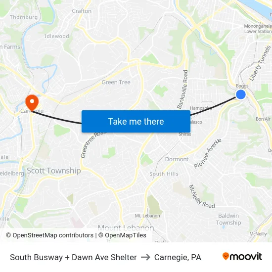 South Busway + Dawn Ave Shelter to Carnegie, PA map