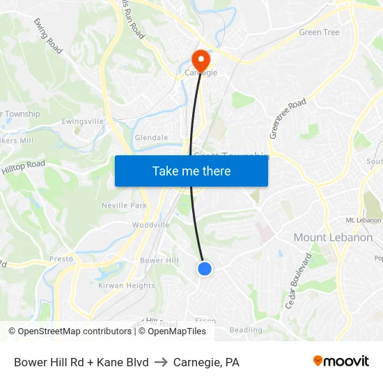 Bower Hill Rd + Kane Blvd to Carnegie, PA map