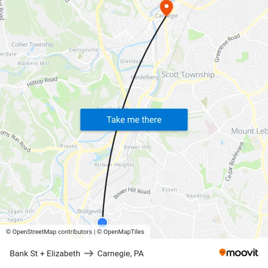 Bank St + Elizabeth to Carnegie, PA map
