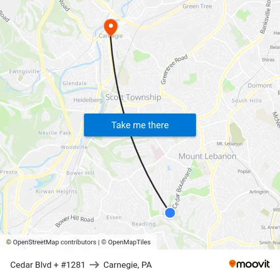 Cedar Blvd + #1281 to Carnegie, PA map