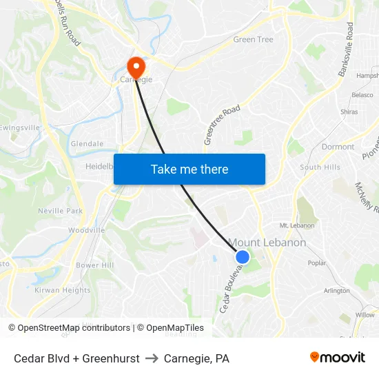 Cedar Blvd + Greenhurst to Carnegie, PA map