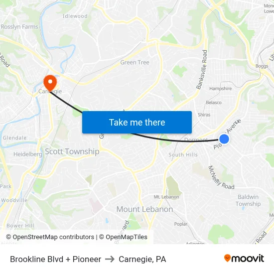 Brookline Blvd + Pioneer to Carnegie, PA map