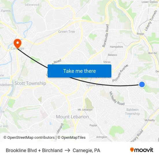 Brookline Blvd + Birchland to Carnegie, PA map