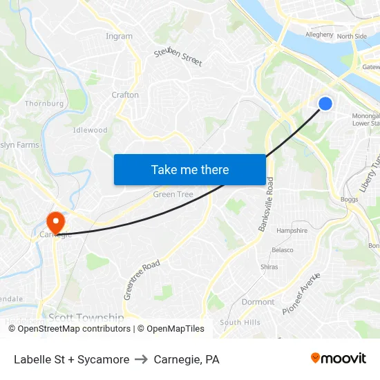 Labelle St + Sycamore to Carnegie, PA map