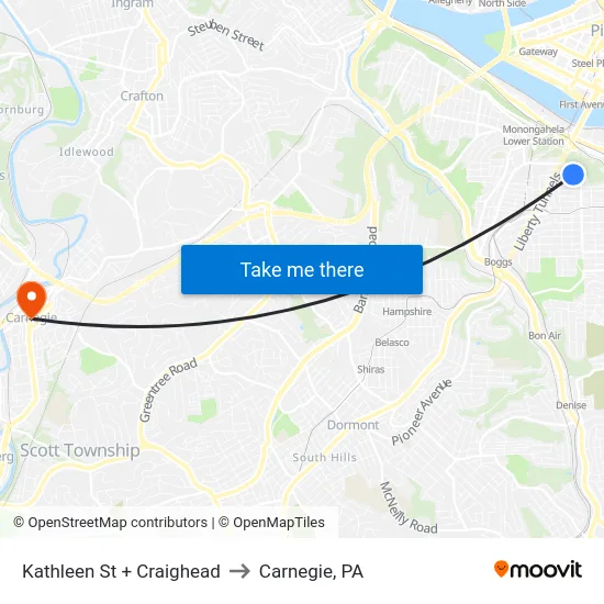 Kathleen St + Craighead to Carnegie, PA map