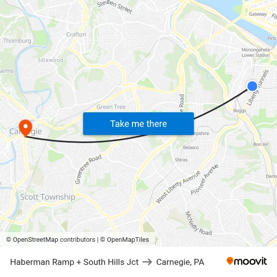 Haberman Ramp + South Hills Jct to Carnegie, PA map