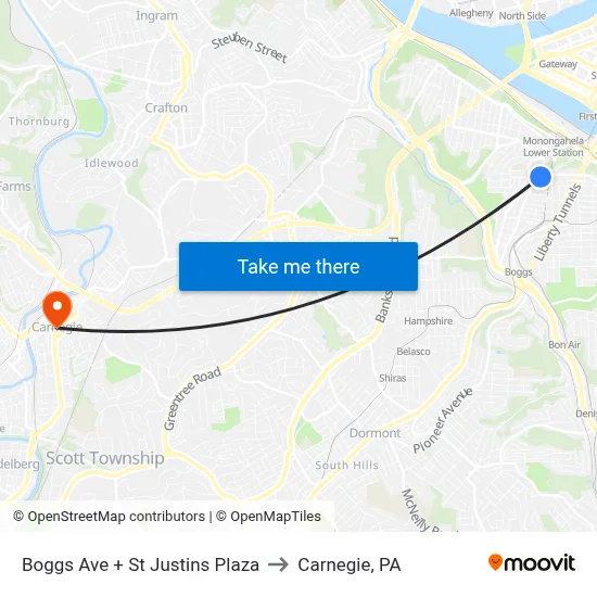 Boggs Ave + St Justins Plaza to Carnegie, PA map