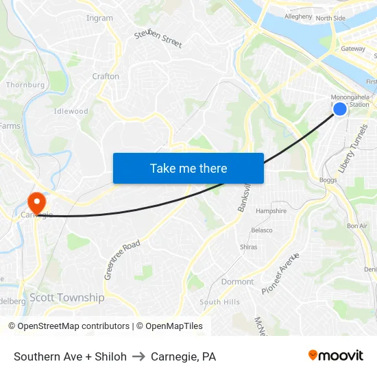 Southern Ave + Shiloh to Carnegie, PA map