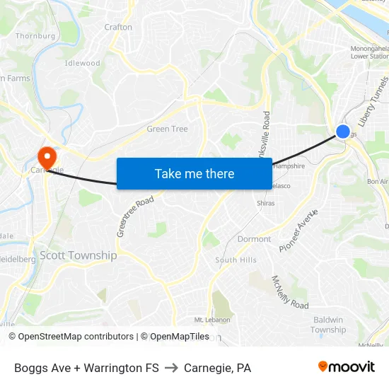 Boggs Ave + Warrington FS to Carnegie, PA map