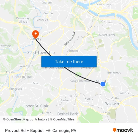 Provost Rd + Baptist to Carnegie, PA map