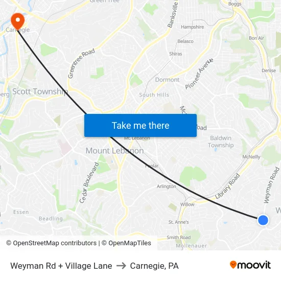 Weyman Rd + Village Lane to Carnegie, PA map