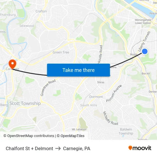 Chalfont St + Delmont to Carnegie, PA map