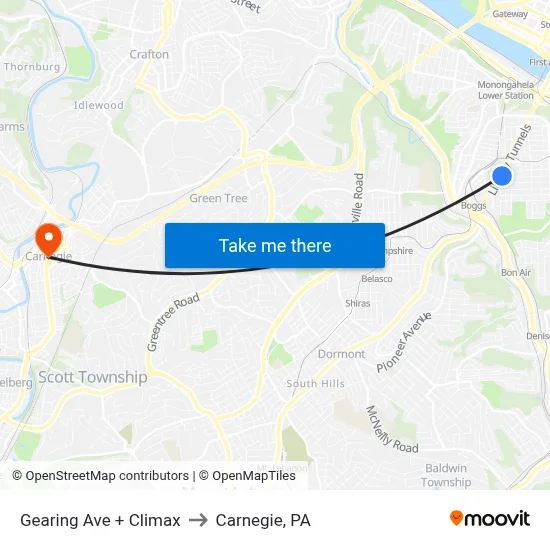 Gearing Ave + Climax to Carnegie, PA map