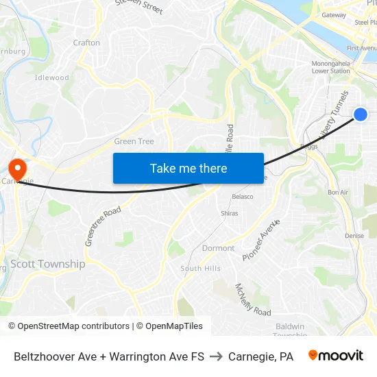 Beltzhoover Ave + Warrington Ave FS to Carnegie, PA map