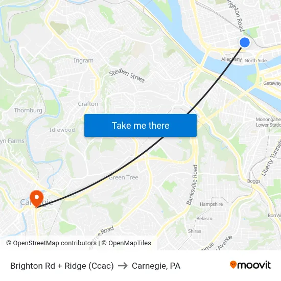 Brighton Rd + Ridge (Ccac) to Carnegie, PA map