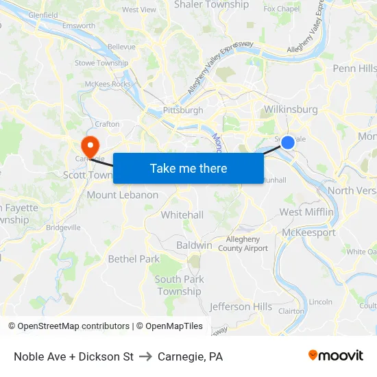 Noble Ave + Dickson St to Carnegie, PA map
