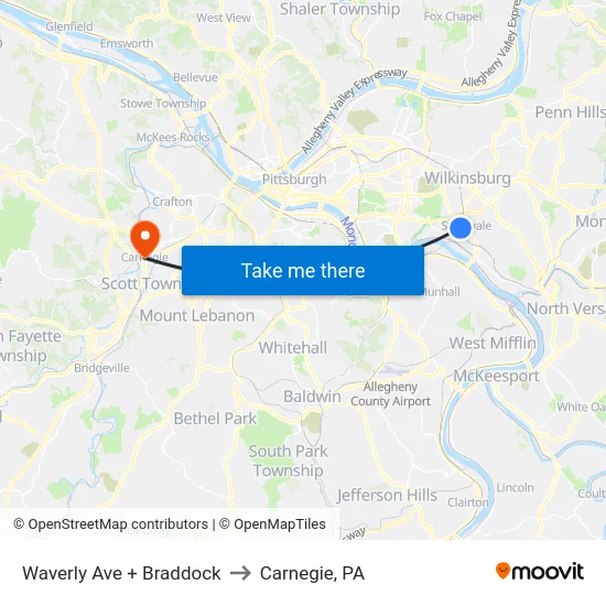 Waverly Ave + Braddock to Carnegie, PA map