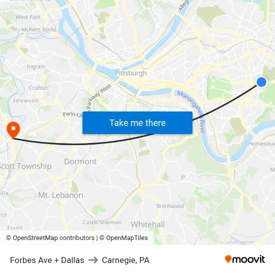 Forbes Ave + Dallas to Carnegie, PA map