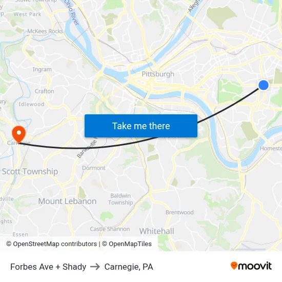 Forbes Ave + Shady to Carnegie, PA map