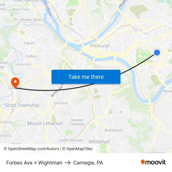 Forbes Ave + Wightman to Carnegie, PA map