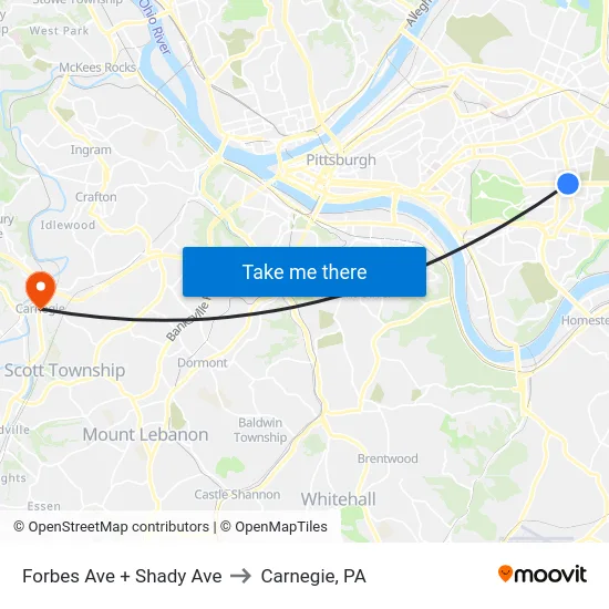 Forbes Ave + Shady Ave to Carnegie, PA map