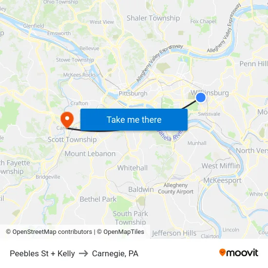 Peebles St + Kelly to Carnegie, PA map