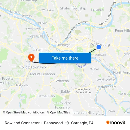 Rowland Connector + Pennwood to Carnegie, PA map