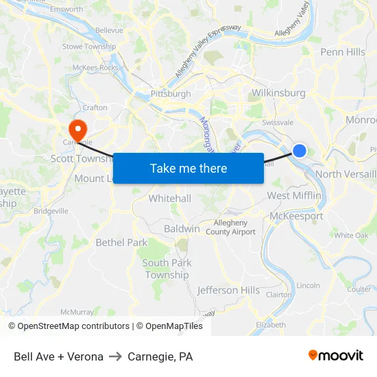 Bell Ave + Verona to Carnegie, PA map