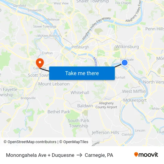 Monongahela Ave + Duquesne to Carnegie, PA map