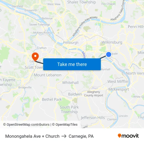 Monongahela Ave + Church to Carnegie, PA map